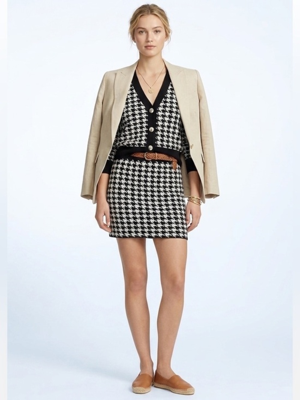 Houndtooth Black & White Matching Cardigan & Mini Skirt Set Size Small